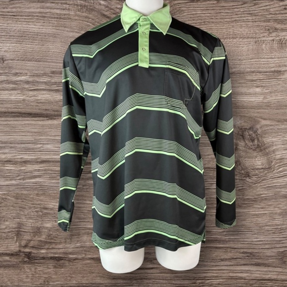 686 Polo Shirt Men's Large Green Striped Collard Snowboard Performance-Dry (159)